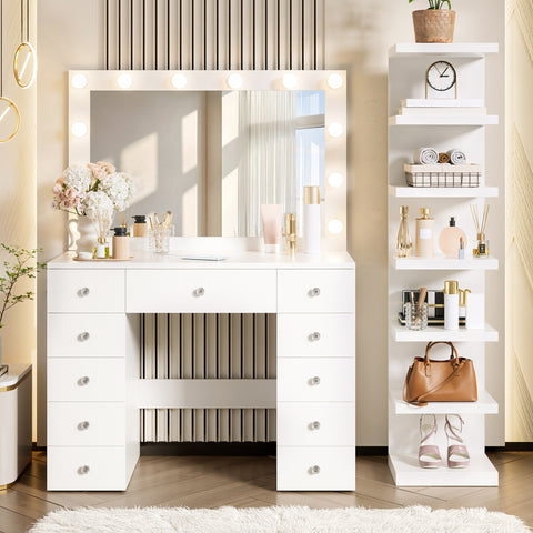 Vanity Desk Dressing Table with Mirror & 11 Drawers, Makeup Vanity with LED Lights, Power Outlet & 7-Tier Side Shelf, White