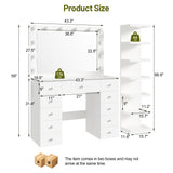 Vanity Desk Dressing Table with Mirror & 11 Drawers, Makeup Vanity with LED Lights, Power Outlet & 7-Tier Side Shelf, White