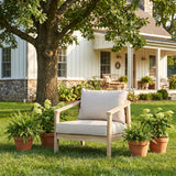 Outdoor Club Chair Acacia Wood & Wicker Dining Chairs with Beige Cushions, Patio Armchairs for Backyard/Garden