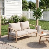Outdoor Loveseat with Wicker Back & Beige Cushions, Acacia Wood 2-Seater Patio Sofa for Backyard/Garden
