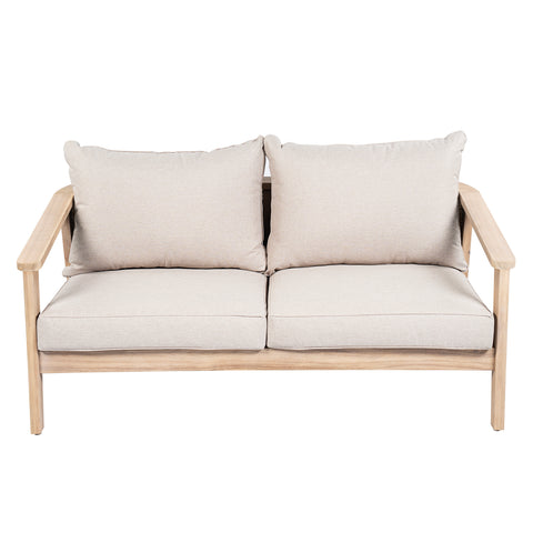 Outdoor Loveseat with Wicker Back & Beige Cushions, Acacia Wood 2-Seater Patio Sofa for Backyard/Garden