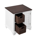Wood End Table with 2 Handwoven Baskets & Louvered Cabinet Door, Side Table for Living Room, Bedroom