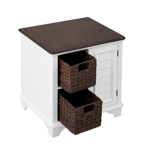 Wood End Table with 2 Handwoven Baskets & Louvered Cabinet Door, Side Table for Living Room, Bedroom