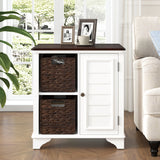 Wood End Table with 2 Handwoven Baskets & Louvered Cabinet Door, Side Table for Living Room, Bedroom
