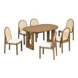 7pcs Dining Set Oval Dining Table Set for 6, Family Kitchen Table Set with Rattan Padded Dining Chairs