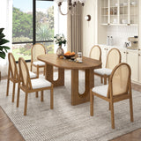 7pcs Dining Set Oval Dining Table Set for 6, Family Kitchen Table Set with Rattan Padded Dining Chairs