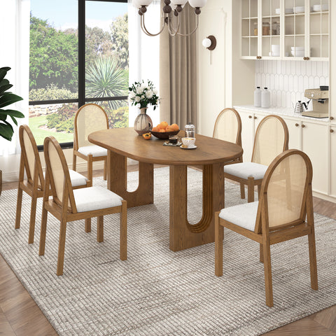 7pcs Dining Set Oval Dining Table Set for 6, Family Kitchen Table Set with Rattan Padded Dining Chairs