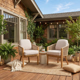 Set of 2 Outdoor Dining Chairs, Patio Armchairs for Backyard/Garden, Acacia Wood & Woven Rope Chairs, Teak+Beige