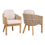 Set of 2 Outdoor Dining Chairs, Patio Armchairs for Backyard/Garden, Acacia Wood & Woven Rope Chairs, Teak+Beige