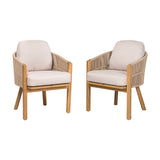 Set of 2 Outdoor Dining Chairs, Patio Armchairs for Backyard/Garden, Acacia Wood & Woven Rope Chairs, Teak+Beige