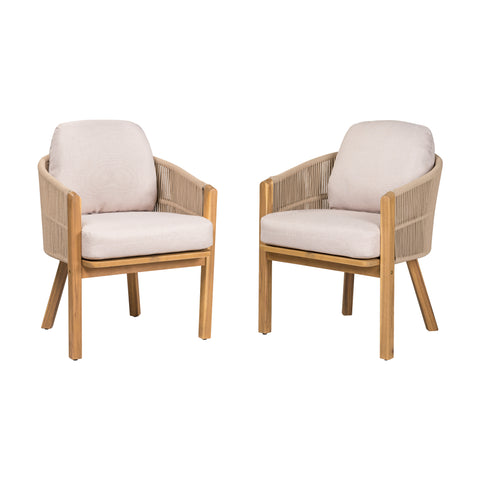 Set of 2 Outdoor Dining Chairs, Patio Armchairs for Backyard/Garden, Acacia Wood & Woven Rope Chairs, Teak+Beige
