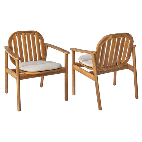 Set of 2 Outdoor Dining Chairs, Acacia Wood Patio Armchairs for Backyard/Garden, Teak Finish with Beige Cushions