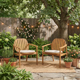 Set of 2 Outdoor Dining Chairs, Acacia Wood Patio Armchairs for Backyard/Garden, Teak Finish with Beige Cushions