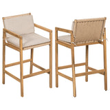 Set of 2 Outdoor Bar Stools, Acacia Wood Patio Bar Chairs, Teak Finish with Wicker Back & Beige Olefin Cushions