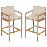 Set of 2 Outdoor Bar Stools, Acacia Wood Patio Bar Chairs, Teak Finish with Wicker Back & Beige Olefin Cushions