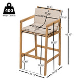Set of 2 Outdoor Bar Stools, Acacia Wood Patio Bar Chairs, Teak Finish with Wicker Back & Beige Olefin Cushions