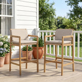 Set of 2 Outdoor Bar Stools, Acacia Wood Patio Bar Chairs, Teak Finish with Wicker Back & Beige Olefin Cushions