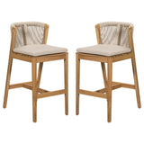 Set of 2 Outdoor Bar Stools, Patio Bar Chairs, Teak Finish with Woven Rope Back & Beige Olefin Cushions