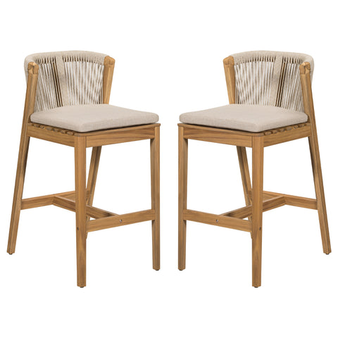 Set of 2 Outdoor Bar Stools, Patio Bar Chairs, Teak Finish with Woven Rope Back & Beige Olefin Cushions