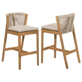 Set of 2 Outdoor Bar Stools, Patio Bar Chairs, Teak Finish with Woven Rope Back & Beige Olefin Cushions