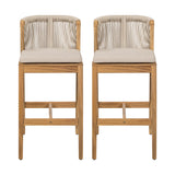 Set of 2 Outdoor Bar Stools, Patio Bar Chairs, Teak Finish with Woven Rope Back & Beige Olefin Cushions