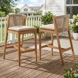 Set of 2 Outdoor Bar Stools, Patio Bar Chairs, Teak Finish with Woven Rope Back & Beige Olefin Cushions