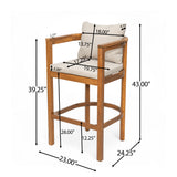 Set of 2 Outdoor Bar Stools with Cushions, Acacia Wood Patio Counter Height Chairs with Armrests for Balcony, Garden, Backyard, Teak