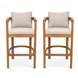 Set of 2 Outdoor Bar Stools with Cushions, Acacia Wood Patio Counter Height Chairs with Armrests for Balcony, Garden, Backyard, Teak