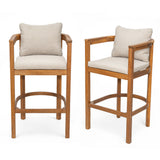 Set of 2 Outdoor Bar Stools with Cushions, Acacia Wood Patio Counter Height Chairs with Armrests for Balcony, Garden, Backyard, Teak