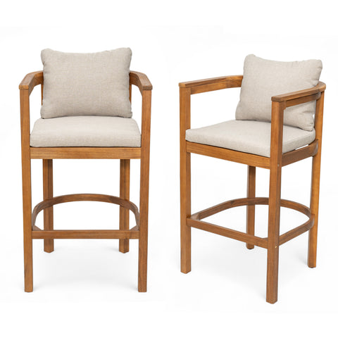 Set of 2 Outdoor Bar Stools with Cushions, Acacia Wood Patio Counter Height Chairs with Armrests for Balcony, Garden, Backyard, Teak