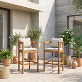 Set of 2 Outdoor Bar Stools with Cushions, Acacia Wood Patio Counter Height Chairs with Armrests for Balcony, Garden, Backyard, Teak