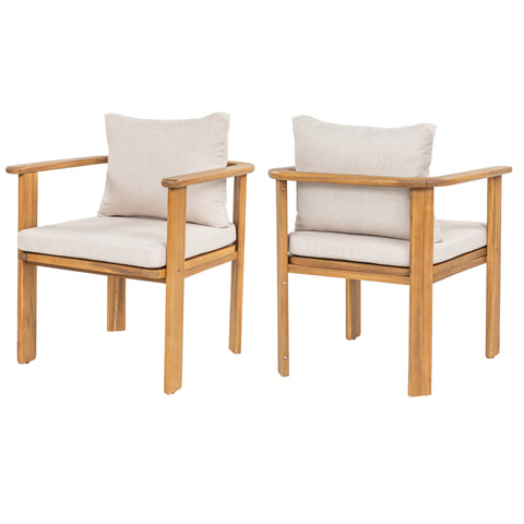 Outdoor Dining Chairs Acacia Wood Chairs, Set of 2 Patio Armchairs with Cushions, Weather-Resistant Garden & Balcony Furniture, Teak+Beige