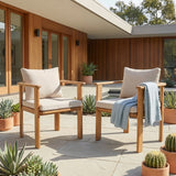 Outdoor Dining Chairs Acacia Wood Chairs, Set of 2 Patio Armchairs with Cushions, Weather-Resistant Garden & Balcony Furniture, Teak+Beige