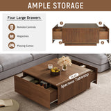 Square Coffee Table Storage Cocktail Table Center Table Sofa Side Table with 4 Drawer, Walnut