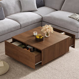 Square Coffee Table Storage Cocktail Table Center Table Sofa Side Table with 4 Drawer, Walnut