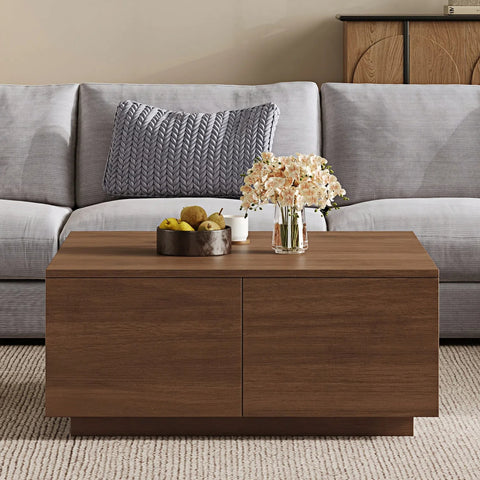 Square Coffee Table Storage Cocktail Table Center Table Sofa Side Table with 4 Drawer, Walnut