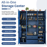 Freestanding Large Kitchen Pantry Storage Cabinet Cupboard with Adjustable Shelves, Pull-out Trays, Wine Rack & Drawers