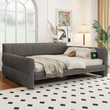 King Size Upholstered Platform Bed, Lambswool Sofa Bed with Bulit-in USB Ports for Living Room, Bedroom