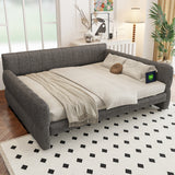 King Size Upholstered Platform Bed, Lambswool Sofa Bed with Bulit-in USB Ports for Living Room, Bedroom