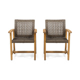 Outdoor Dining Chairs Set of 2, Weather Resistant Patio Armchairs, Acacia Wood and Wicker Chairs