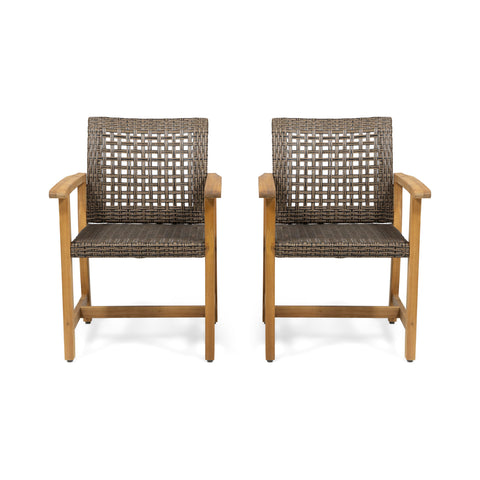 Outdoor Dining Chairs Set of 2, Weather Resistant Patio Armchairs, Acacia Wood and Wicker Chairs