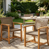 Outdoor Dining Chairs Set of 2, Weather Resistant Patio Armchairs, Acacia Wood and Wicker Chairs