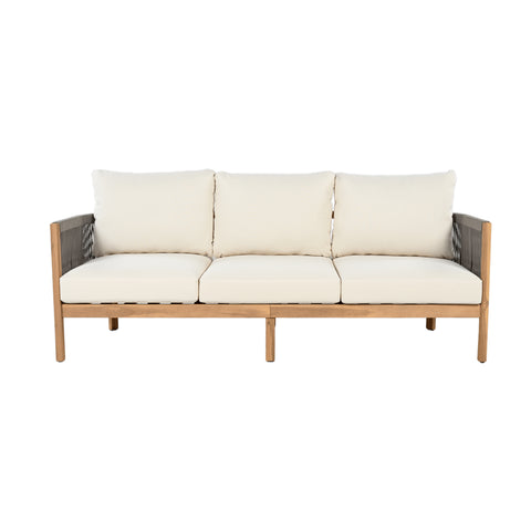 3-Seater Sofa Acacia Wood Outdoor Sofa with 6" Thick Cushions, Woven Rope Patio Sofa Couch