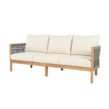3-Seater Sofa Acacia Wood Outdoor Sofa with 6" Thick Cushions, Woven Rope Patio Sofa Couch