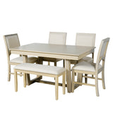 6pcs Extendable Dining Table Set Dining Set for 6, Family Kitchen Table Set with Upholstered Dining Chairs & Long Bench