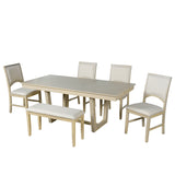 6pcs Extendable Dining Table Set Dining Set for 6, Family Kitchen Table Set with Upholstered Dining Chairs & Long Bench