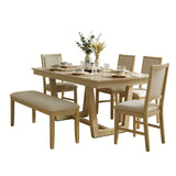 6pcs Extendable Dining Table Set Dining Set for 6, Family Kitchen Table Set with Upholstered Dining Chairs & Long Bench