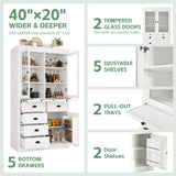 Freestanding Kitchen Pantry Display Storage Cabinet Cupboard Coffee Bar Cabinet with Adjustable Shelves, Serving Trays, Glass Door
