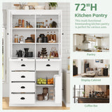 Freestanding Kitchen Pantry Display Storage Cabinet Cupboard Coffee Bar Cabinet with Adjustable Shelves, Serving Trays, Glass Door