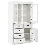 Freestanding Kitchen Pantry Display Storage Cabinet Cupboard Coffee Bar Cabinet with Adjustable Shelves, Serving Trays, Glass Door